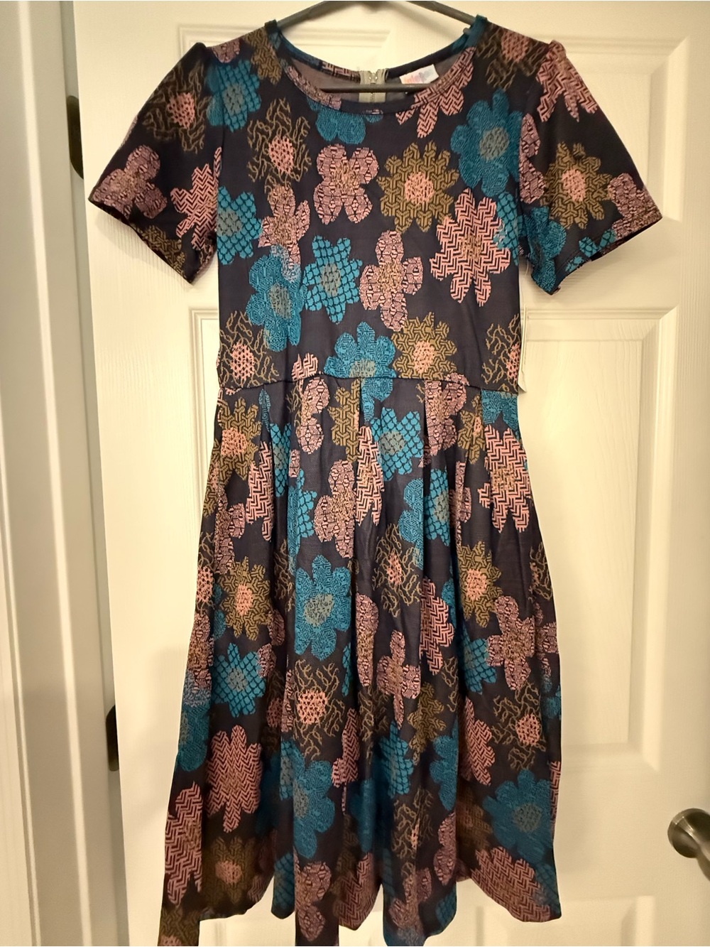 Women’s Lularoe Amelia- Navy Floral Fit-and-Flare Dress with Pink & Teal Flowers
